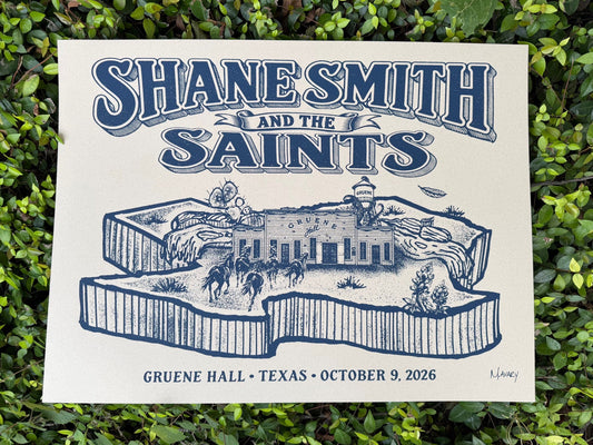 Shane Smith and the Saints Gruene Hall October 9 2026 poster by Morgan Avary photographed on greenery
