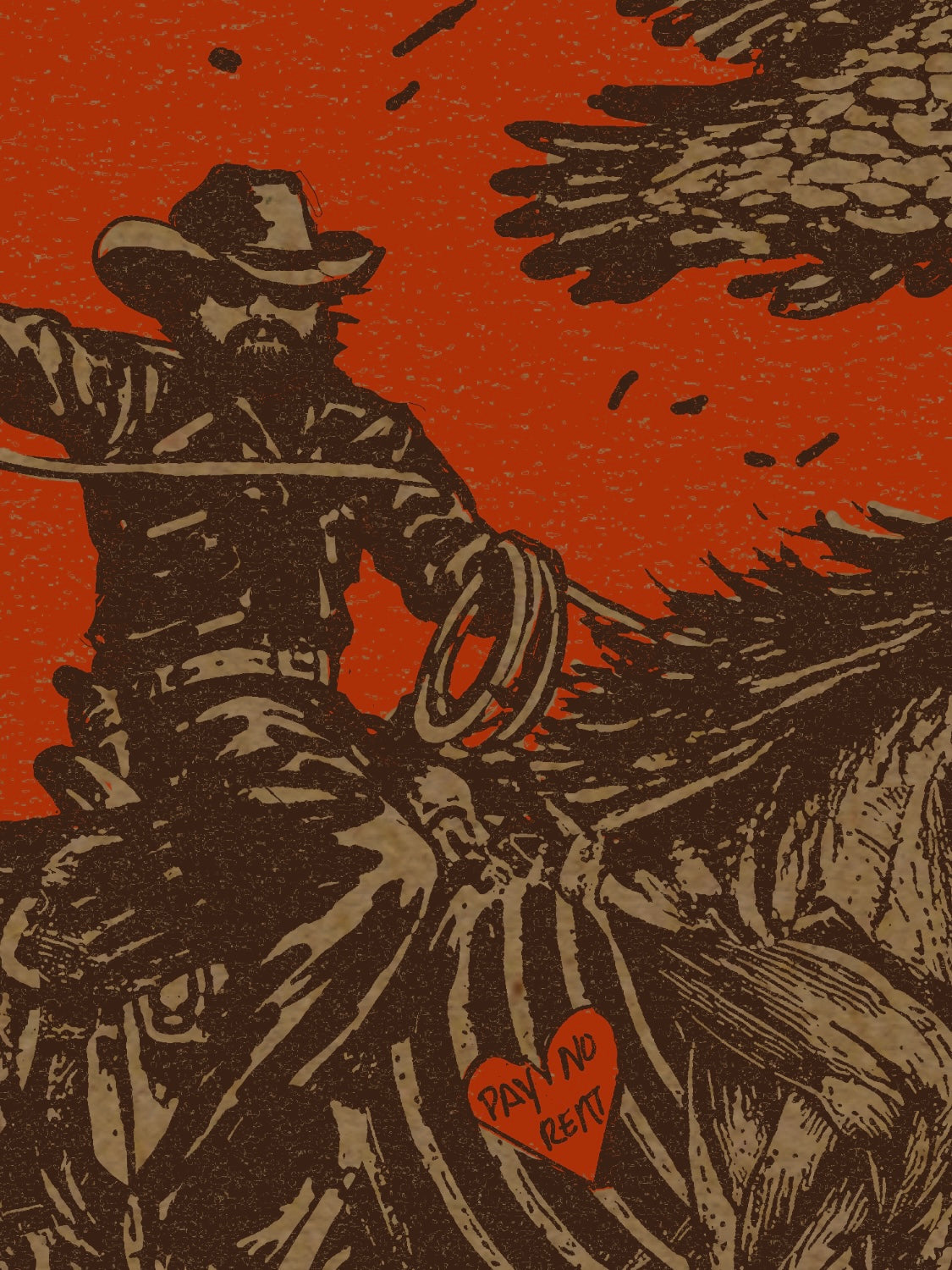 Turnpike poster cowboy and Pay No Rent heart detail